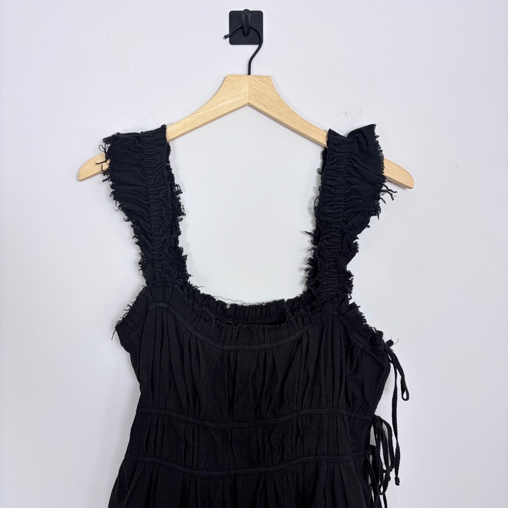 Free People Claudette Black Smock Ruffle Strap Button Side Mini Dress Medium - Picture 3 of 8